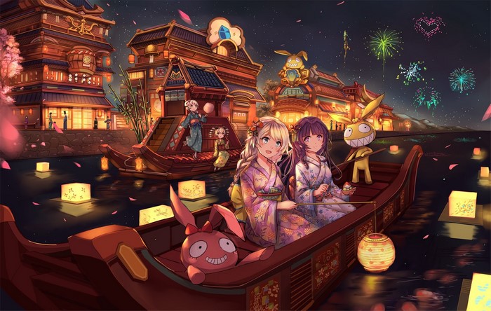 Mei from Honkai Impact 3rd on a boat at night