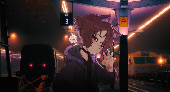 Anime girl with cat ears at a train station at night
