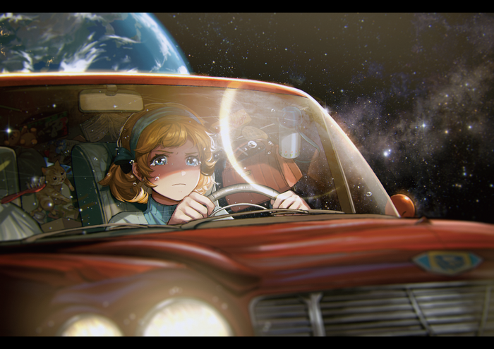 Anime girl driving a car in space with Earth in the background