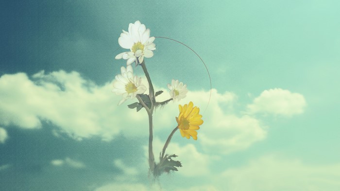 Digital art of flowers against a cloudy sky