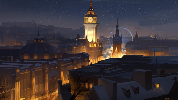 Digital art of a city skyline at night