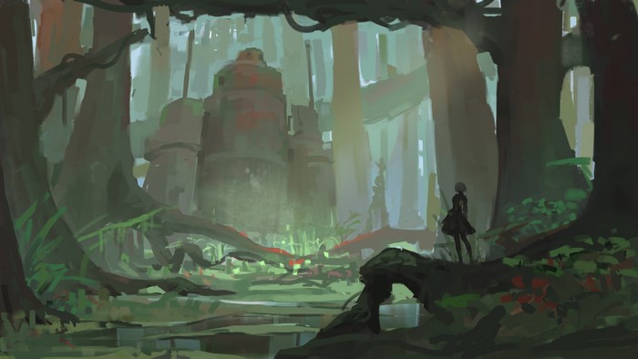 2B from Nier: Automata in a forest ruin
