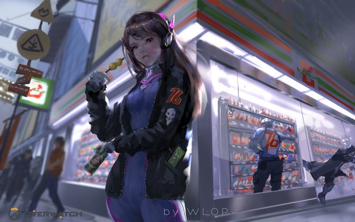 D.Va from Overwatch at a convenience store