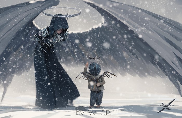 Ahna and child in a snowy landscape by WLOP