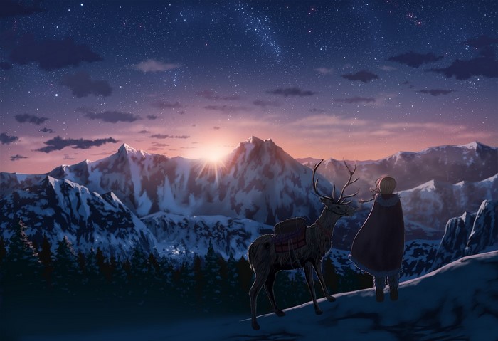 Girl and reindeer in snowy mountains at sunset