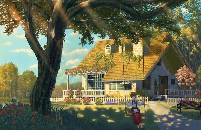 Anime girl on a swing in front of a house
