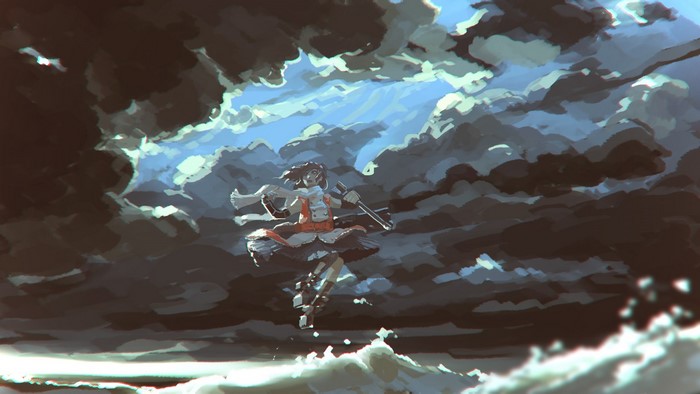 Girl in a dress with a sword in the sky