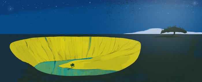 Camel in a desert crater under a starry night sky