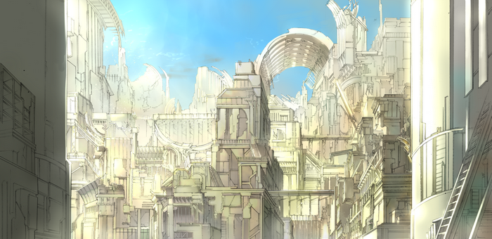 Futuristic city with intricate architecture under a blue sky