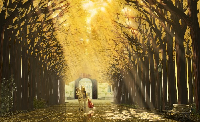 Anime fantasy art of a person on horseback in a sunlit tree tunnel
