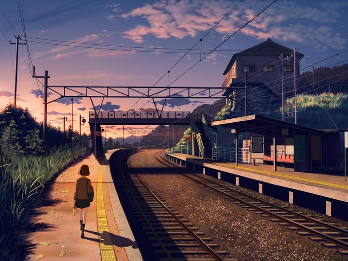 Anime train station at sunset with a girl walking