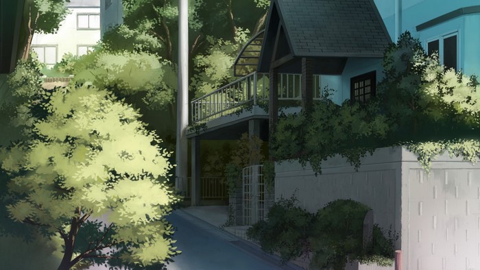 Anime house and trees on a street