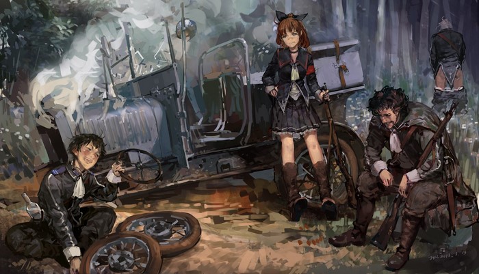 Anime characters with a broken-down vehicle in a forest