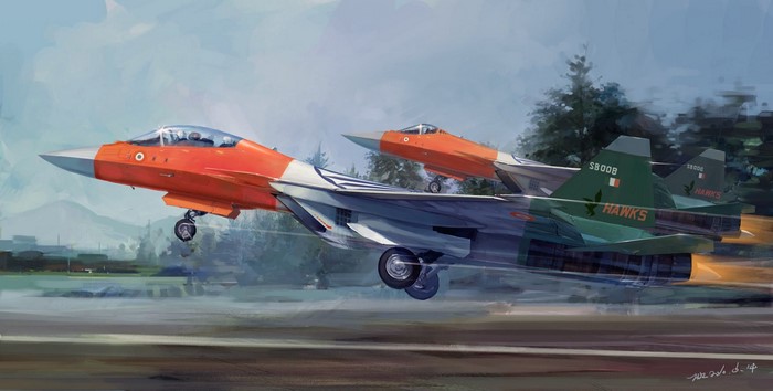 Two Indian Air Force Hawk fighter jets taking off