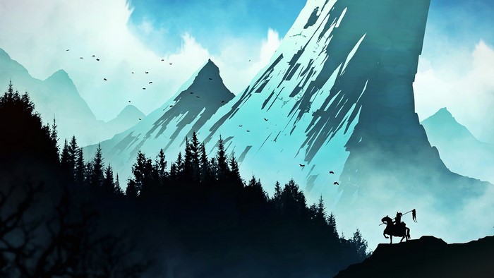 Warrior on horseback in a fantasy mountain landscape