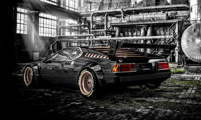 Black BMW M1 by Benoit Fraylon in industrial setting