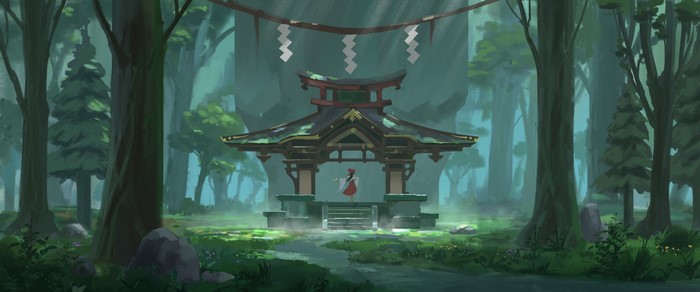 Anime girl in red dress at a shrine in a forest
