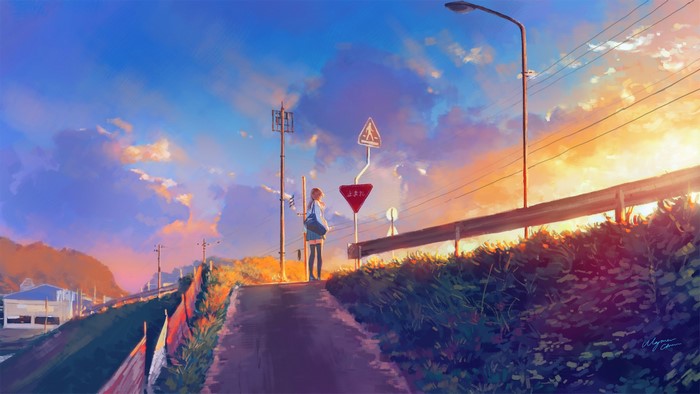 Anime girl standing on a road at sunset