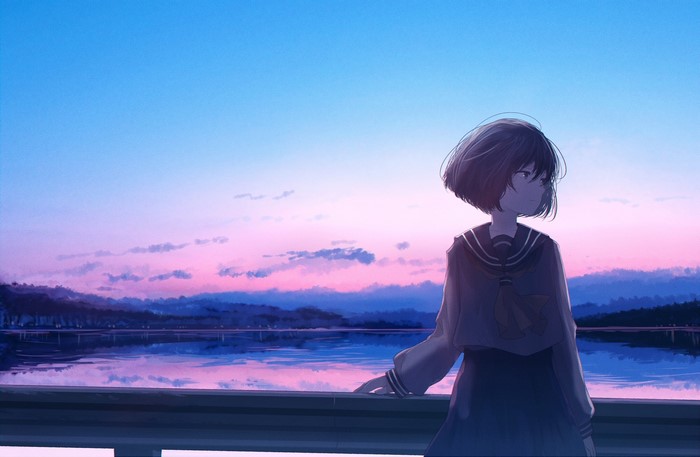 Anime girl in school uniform by a lake at sunset