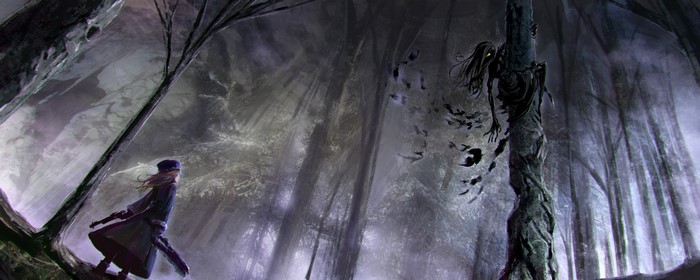 Girl encounters spooky creature in dark forest