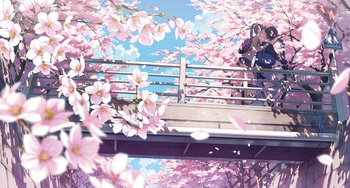 Anime couple kissing on a bridge with cherry blossoms