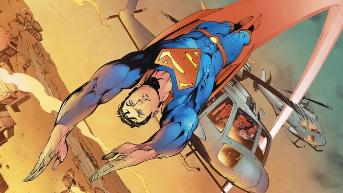 Superman flying near helicopters