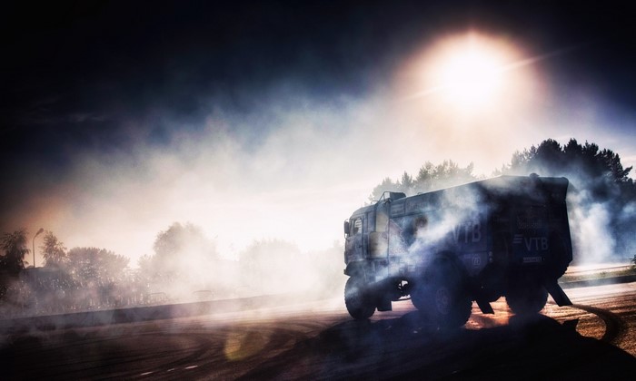 Kamaz truck drifting in smoke