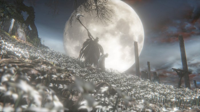 Gehrman from Bloodborne with a scythe under the moon