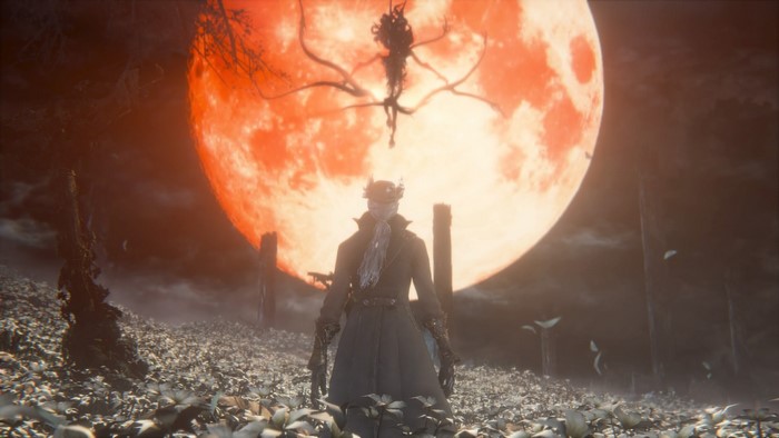 Hunter from Bloodborne under a blood moon