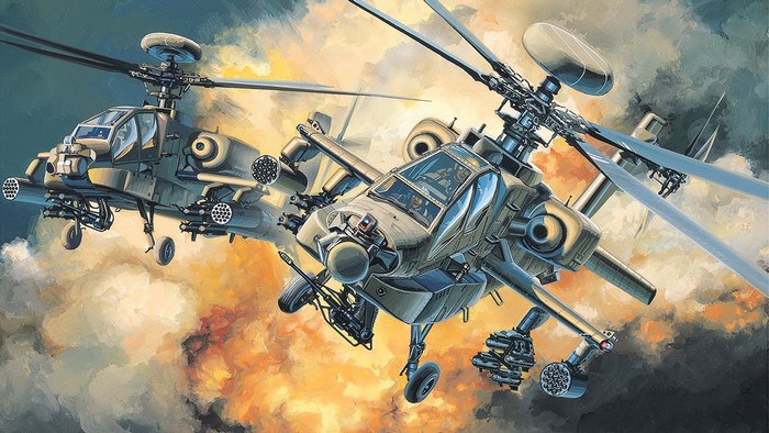 Two military helicopters in flight amidst smoke and clouds