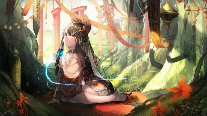 Anime girl with fox ears and butterfly in fantasy forest