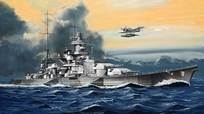 Battleship Scharnhorst and seaplane in the ocean