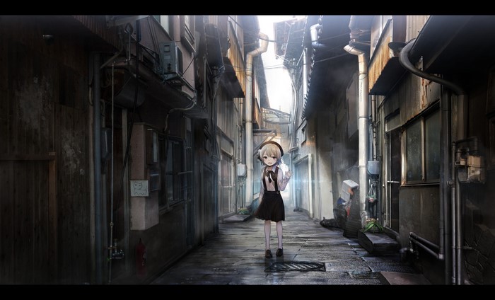 Anime girl standing in a narrow urban alley