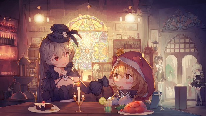 Anime girls in a restaurant with stained glass window