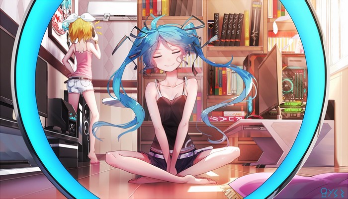 Anime girls Hatsune Miku and Rin Kagamine in a room