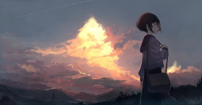 Anime girl with a bag looking at the sunset sky