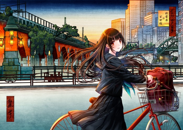 Anime girl with long hair on a bicycle in a city
