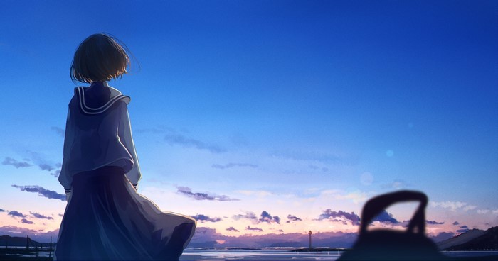 Anime girl in sailor uniform looking at the sunset sky