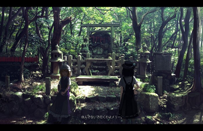 Two anime girls at a shrine in a forest
