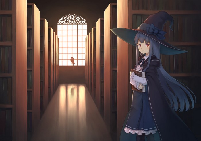 Anime girl witch in library holding books