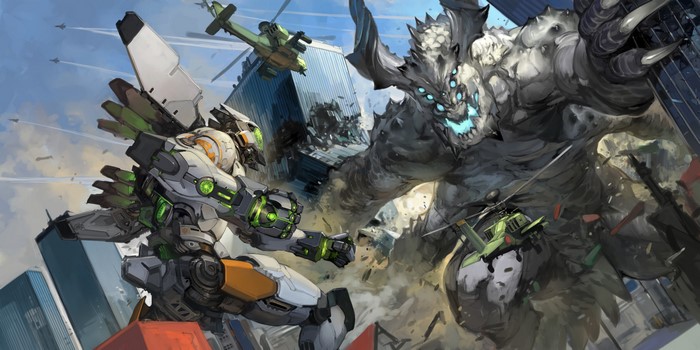 Mech fighting Kaiju in a city with helicopters and jets