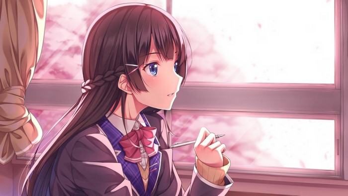 Anime girl with long brown hair and blue eyes in school uniform