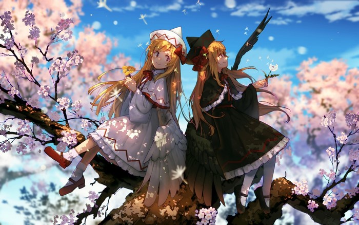 Two anime girls with blonde hair sitting on a tree branch