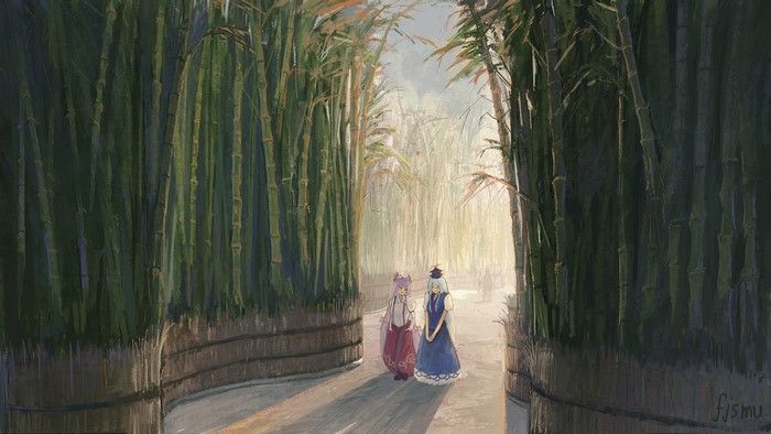 Two anime girls walking through a bamboo forest