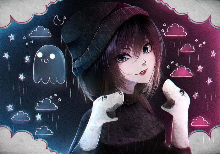 Anime girl with ghost and clouds artwork
