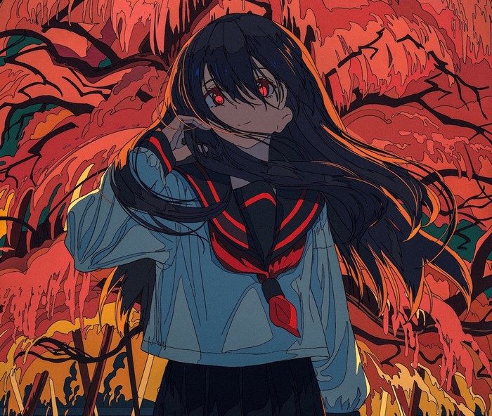 Anime girl with dark hair and red eyes in a school uniform