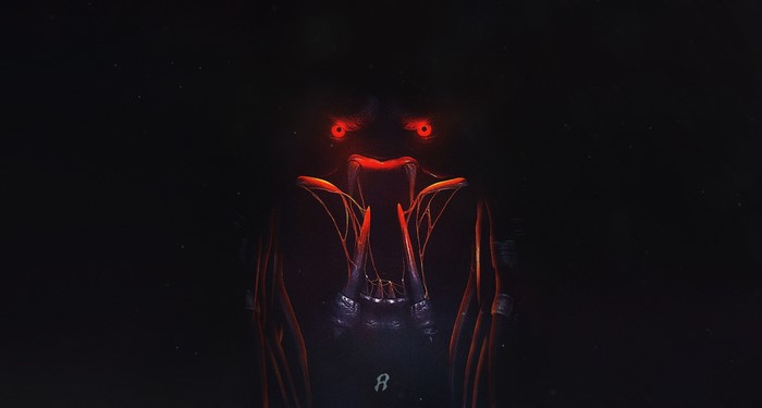 Artwork of a dark creature with glowing red eyes