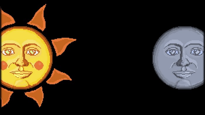 Pixelated Sun and Moon faces on black background