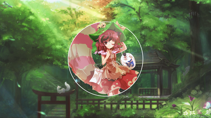 Anime girl with large tail in a forest