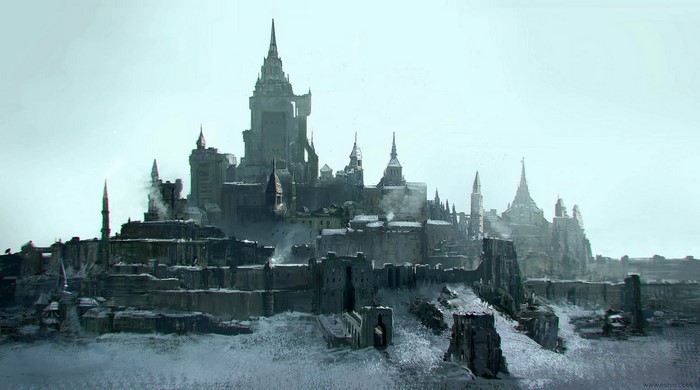 Fantasy city with snow and castles
